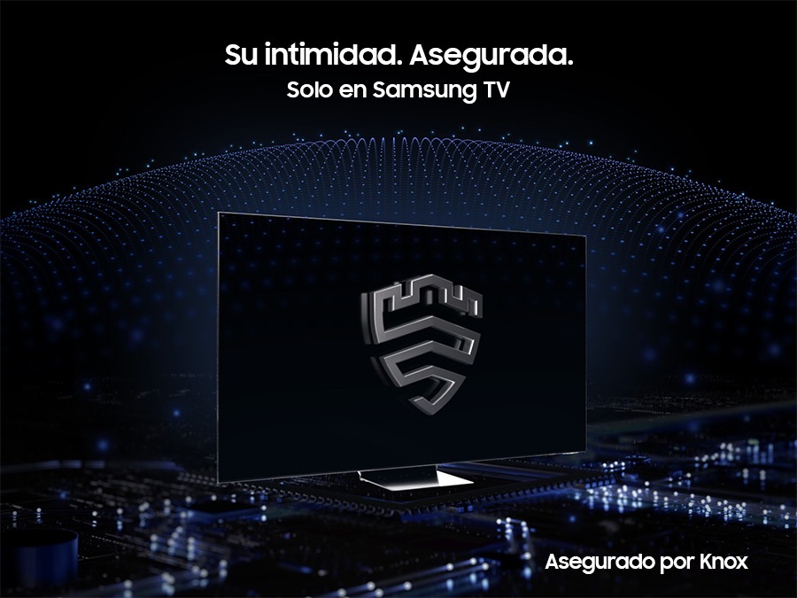 Una solución de seguridad multicapa es crear una carcasa en forma de cúpula detrás de un televisor protegido por Knox. En la pantalla aparece el emblema de Samsung Knox. El texto Tu privacidad.Protegida.Only on Samsung TV aparece en la parte superior.