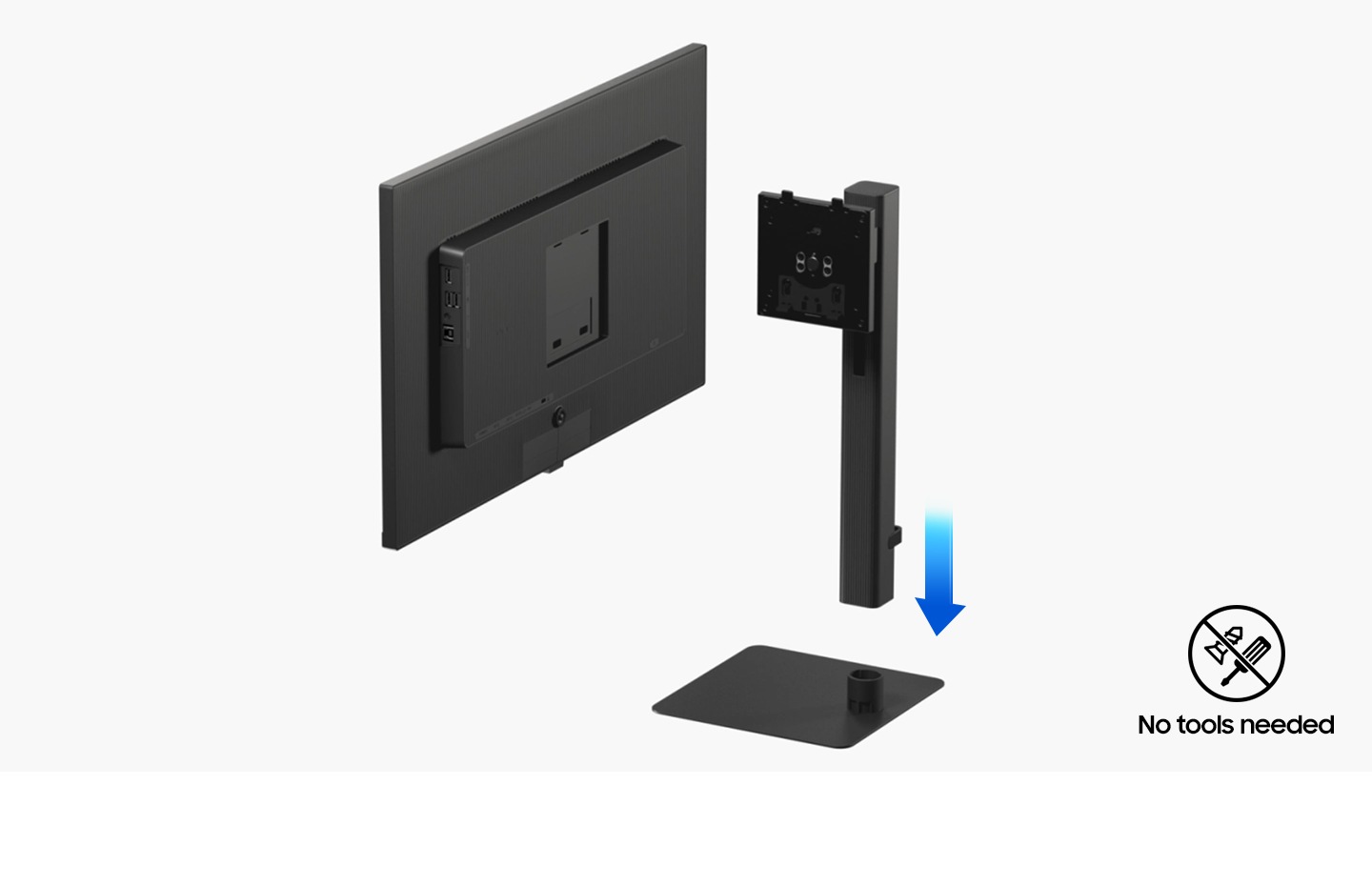 The neck stand is inserted down to the bottom stand. And the neck stand turns to the monitor's rear side and it is finally attached to the rear of the monitor. “Easy Setup!’ message is shown. And the next of the monitor “No tools needed” icon included.