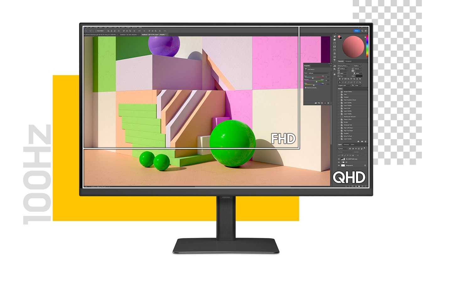 El monitor se muestra con un software de edición fotográfica sobre él, editando una imagen de bolas y bloques de colores. Un cuadrado en el interior delinea parte de la imagen, con el texto «FHD» en él, mostrando que FHD sólo mostraría parte de la pantalla. El texto «QHD» está en la parte inferior derecha del monitor, mostrando que el tamaño completo es QHD. Fuera del monitor, el texto dice «100Hz». 