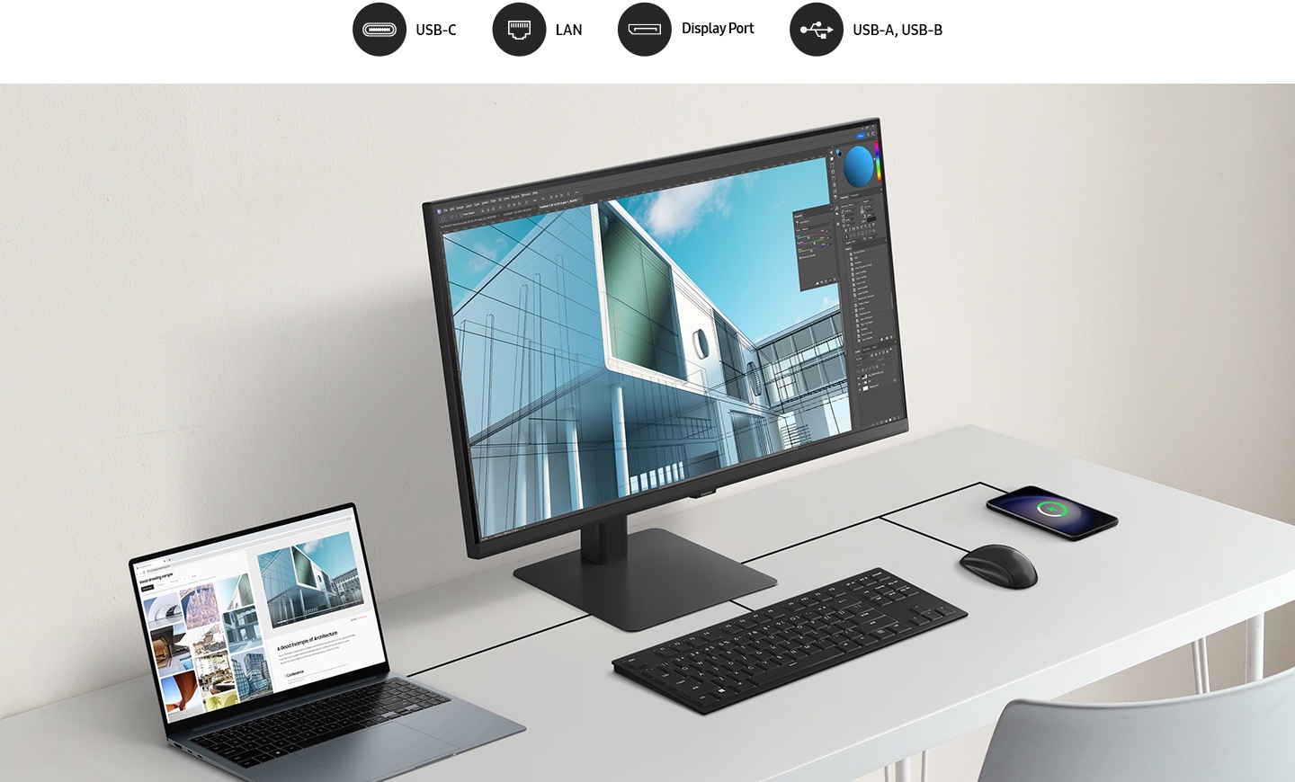 Un ordenador portátil, un monitor, un teclado, un ratón y un teléfono móvil están conectados en un escritorio mediante un cable. Encima del monitor, hay 4 iconos, que son USB-C, LAN, Display Port, USB-A y USB-B.