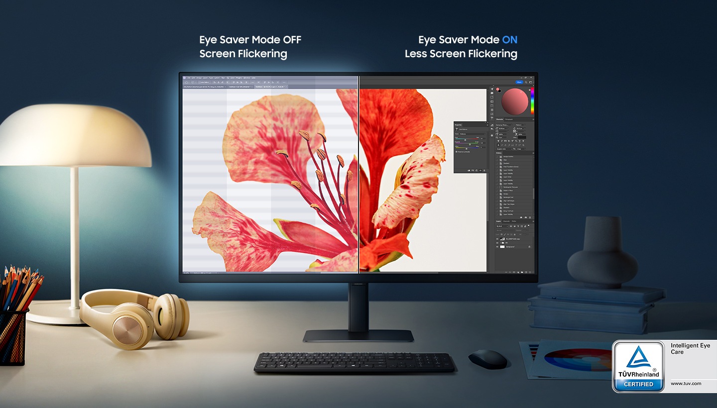 A monitor screen is divided, and the Eye Saver Mode is off on the left screen with some flickering screen. And on the right side screen, the mode is on and it has less screen flickering. TUV Rheinland logo with Intelligent Eye Care certified is included on the right bottom of the monitor. The logo shows the site address, www.tuv.com