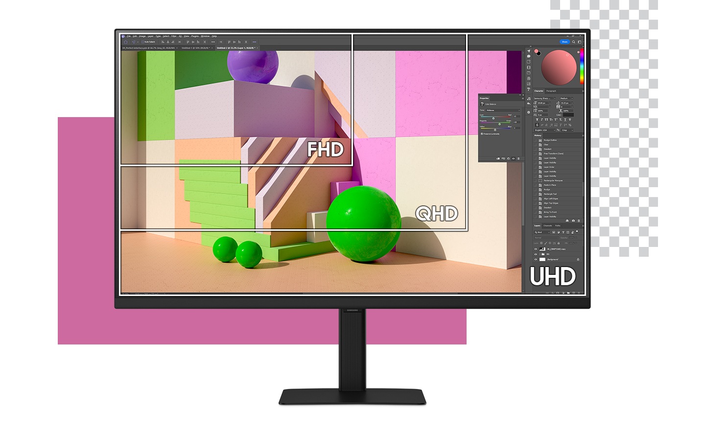 The monitor is shown with a photo editing software on it, editing an image of colorful balls and blocks. A square inside outlines part of the image, with the text 