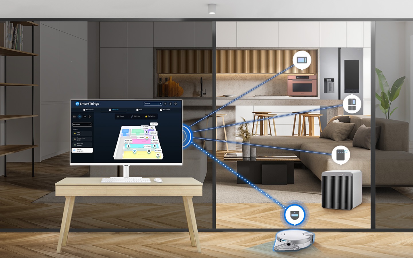 Hay un monitor en una habitación con una aspiradora, y fuera de la habitación, se muestra una cocina y una sala de estar. En la cocina hay un hornillo y un frigorífico. Y en el salón hay un purificador de aire. Todos los dispositivos están conectados con el monitor inteligente con SmartThings, y la aspiradora se activa mediante el hub SmartThings en el monitor.