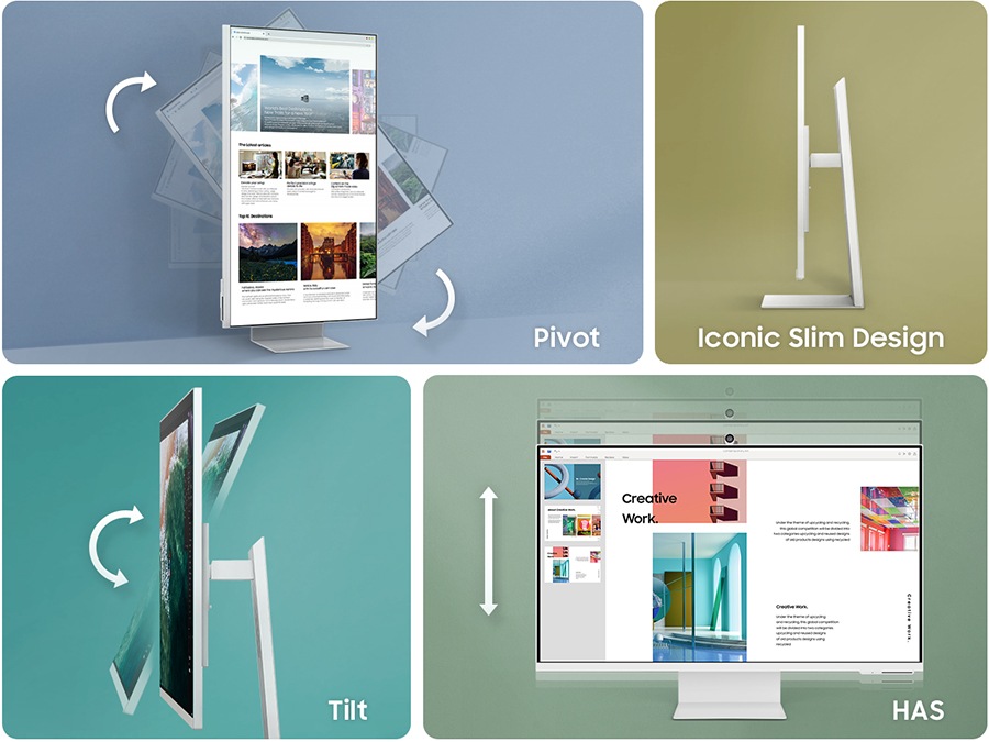 Hay 4 monitores. El monitor superior izquierdo muestra una pantalla pivotada verticalmente, y el superior derecho destaca su Iconic Slim Design. La parte inferior izquierda muestra cómo se inclina la pantalla del monitor y, por último, la parte inferior derecha muestra cómo se ajusta la altura del monitor hacia arriba y hacia abajo con el texto «HAS» alrededor.