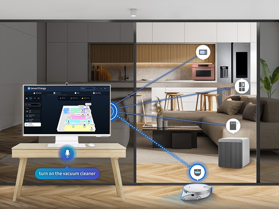 Hay un monitor en una habitación con una aspiradora, y fuera de la habitación, se muestra una cocina y una sala de estar. En la cocina hay un hornillo y un frigorífico. Y en el salón hay un purificador de aire. Todos los dispositivos están conectados con el monitor inteligente con SmartThings, y la aspiradora se activa mediante el comando en el hub SmartThings en el monitor en una voz diciendo 'encender la aspiradora'.