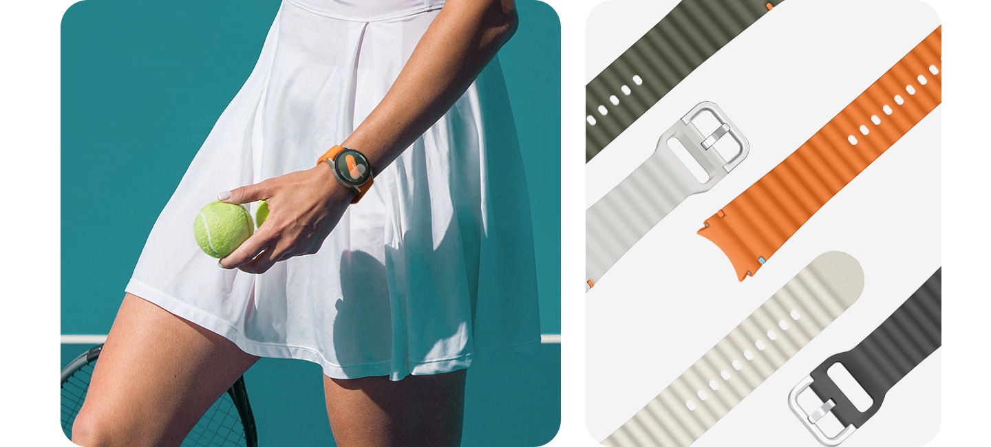 A la izquierda, una persona sujetando una pelota de tenis lleva la correa deportiva Galaxy Watch7 en color naranja. A la derecha, cinco correas deportivas Galaxy Watch7 colocadas en línea recta empezando por Verde, Plata, Naranja, Crema y Gris oscuro.
