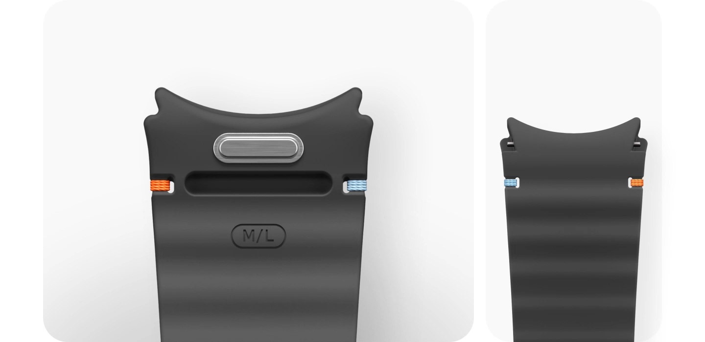 The band release button on the inner lining of the Galaxy Watch7 Sport Band is clicked to easily attach the watch body of the Galaxy Watch to the watch straps.