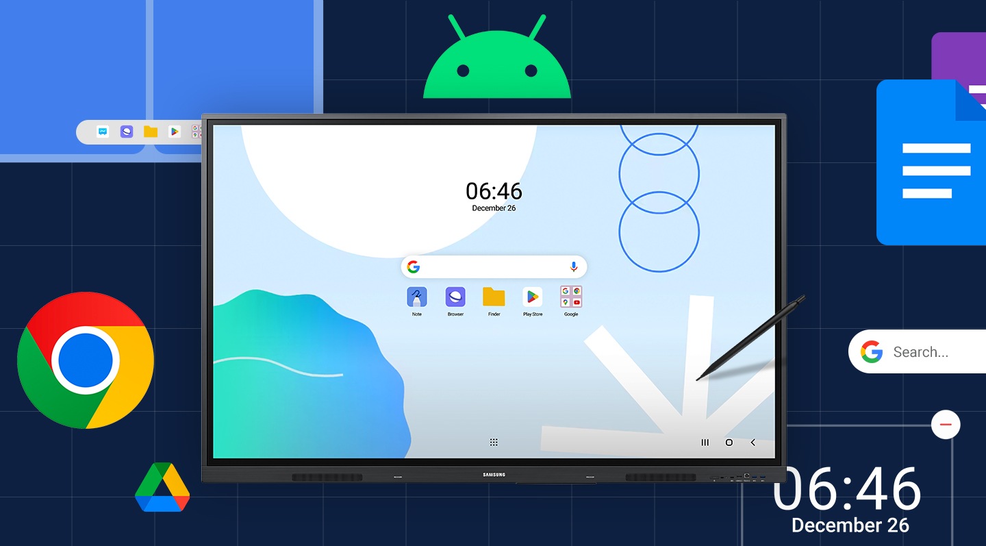 The home screen of the WAD Interactive Display features centrally placed essential elements: a clock widget, a Google search bar, and five application icons below it. Customizable widgets and apps are enlarged and arranged around the home screen for easy access.