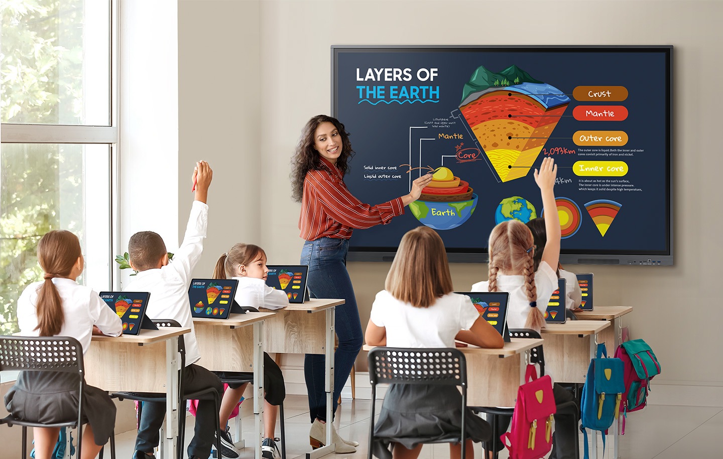 An engaged elementary classroom showcasing modern education technology, with a WAD Interactive Display mounted on the front wall. The teacher, standing by the display, guides the lesson as content mirrors on tablets at each student's desk, arranged in traditional rows facing the front.