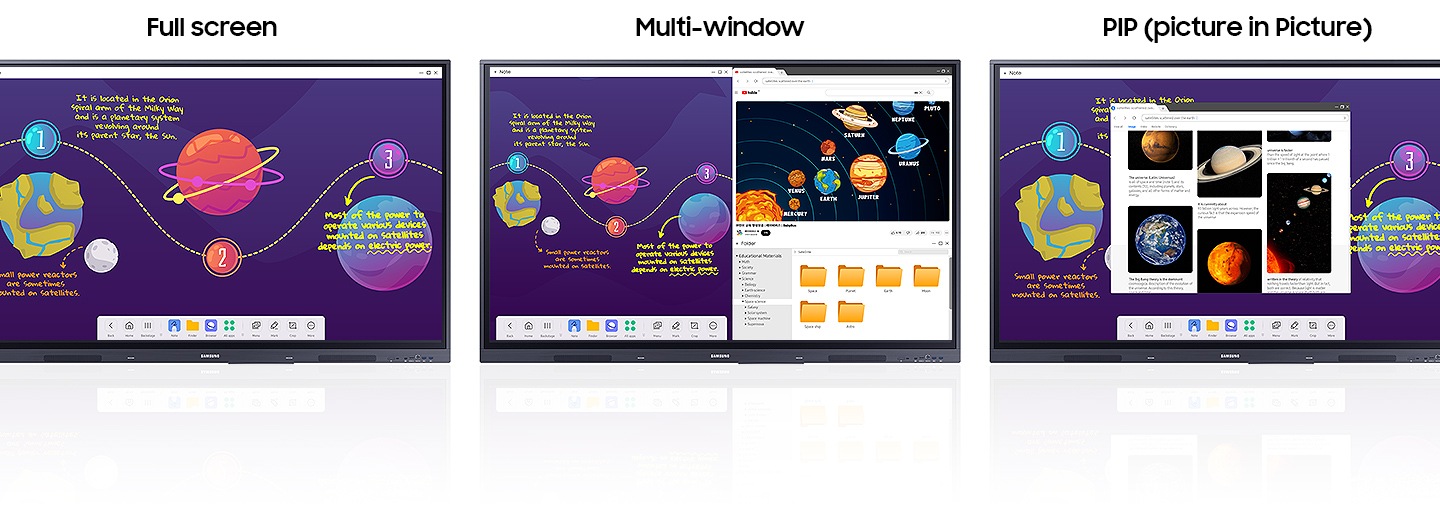Three WAD displays are displayed in a row. The leftmost WAD displays content in full-screen mode, utilizing the entire screen for a single view. The middle WAD operates in a multi-window environment: the left half of the screen presents content, the top right quadrant displays an internet search window, and the bottom right quadrant shows a folder window. The rightmost WAD features Picture-in-Picture (PIP) mode, with an internet search window overlaying the full-screen content as a separate, smaller window.