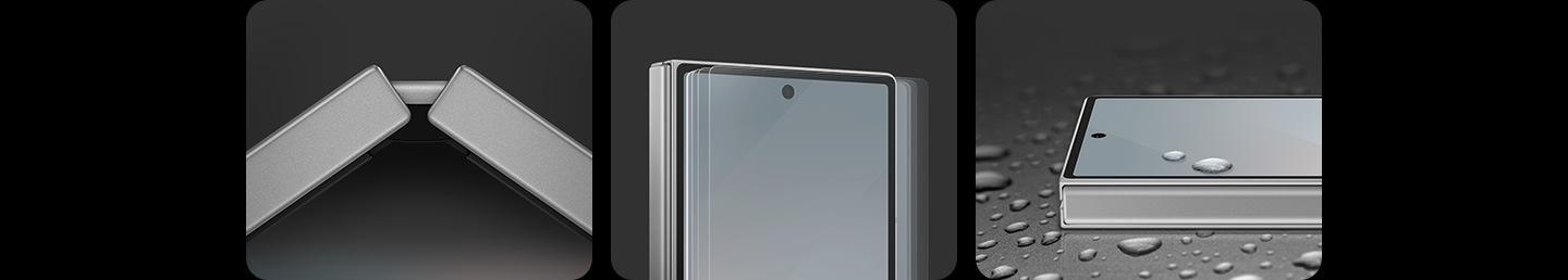 Un primer plano de la FlexHinge de un smartphone Galaxy plegable. Al lado, un primer plano de la pantalla de un plegable, para mostrar su material resistente. El último primer plano del smartphone plegable está rodeado de gotas de agua para mostrar su resistencia al agua.