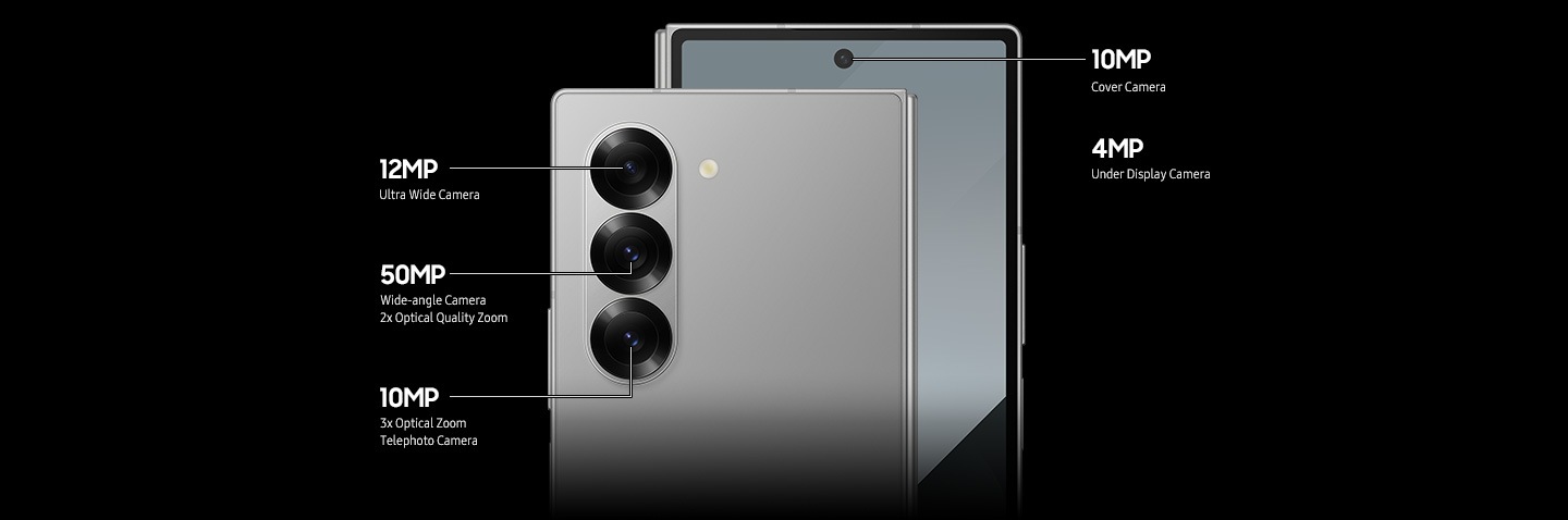 Dos dispositivos Galaxy Z Fold6 en Silver Shadow frente a frente. Las lentes de las cámaras trasera y delantera están etiquetadas con especificaciones: 12 megapíxeles para la cámara ultra gran angular, 50 megapíxeles para la cámara gran angular y zoom óptico de calidad 2x, 10 megapíxeles para el zoom óptico 3x y la cámara telefoto, 10 megapíxeles para la cámara de la tapa y 4 megapíxeles para la cámara bajo la pantalla.