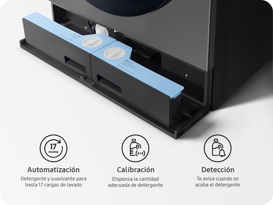 Un primer plano de un dispensador inteligente de detergente y suavizante en un Laundry Combo. Dispensa automáticamente la cantidad adecuada de detergente y suavizante para hasta 25 cargas y le avisa cuando se acaba el detergente. Automatización, Detergente y suavizante para hasta 25 cargas de ropa. Calibración, dispensar la cantidad adecuada de detergente. Detección, le avisa cuando se acaba el detergente.