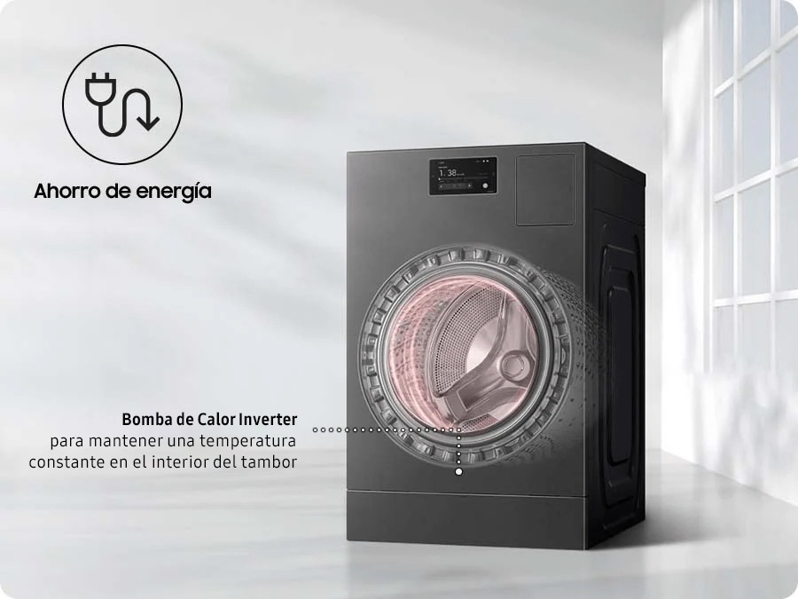 Los haces de luz dentro de un Laundry Combo indican un precalentamiento rápido con un calentador eléctrico y Heat pump inversora para un secado suave y energéticamente eficiente a temperaturas bajas y constantes. El ahorro de energía. Bomba de calor Inverter para mantener una temperatura constante en el interior del tambor.