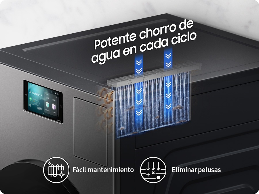 Un primer plano del intercambiador de calor del Laundry Combo siendo rociado con agua por el sistema de limpieza automática, eliminando pelusas y facilitando el mantenimiento. Potente pulverización de agua en cada ciclo. Facil mantenimiento. Elimina pelusa.