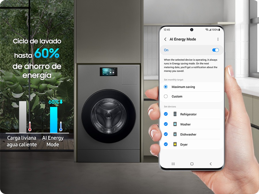 Una mano sostiene un teléfono con la pestaña del modo de energía AI abierta desde la aplicación SmartThings en la pantalla. El frigorífico, la lavadora, el lavavajillas y la secadora se seleccionan desde el menú del dispositivo, con el objetivo mensual fijado en el máximo ahorro. AI Energy Mode logra un ahorro de energía del 19%.