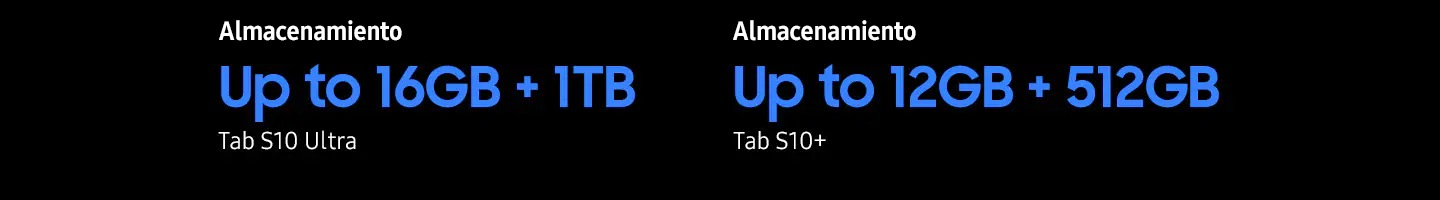 Caption reads Storage up to 16GB RAM + 1TB for Tab S10 Ultra and Storage up to 12GB RAM + 512GB for Tab S10+.