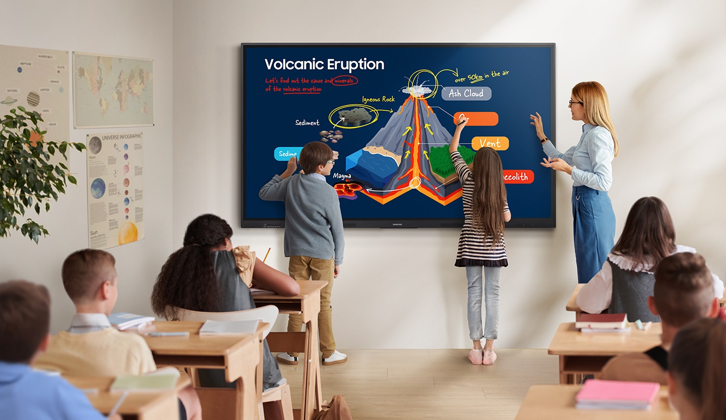 Una escena en el aula donde los estudiantes interactúan activamente con una pantalla interactiva Samsung. La pantalla muestra un diagrama sobre una erupción volcánica, y tanto los estudiantes como el docente interactúan directamente con el contenido, haciendo anotaciones y discutiéndolo en tiempo real.