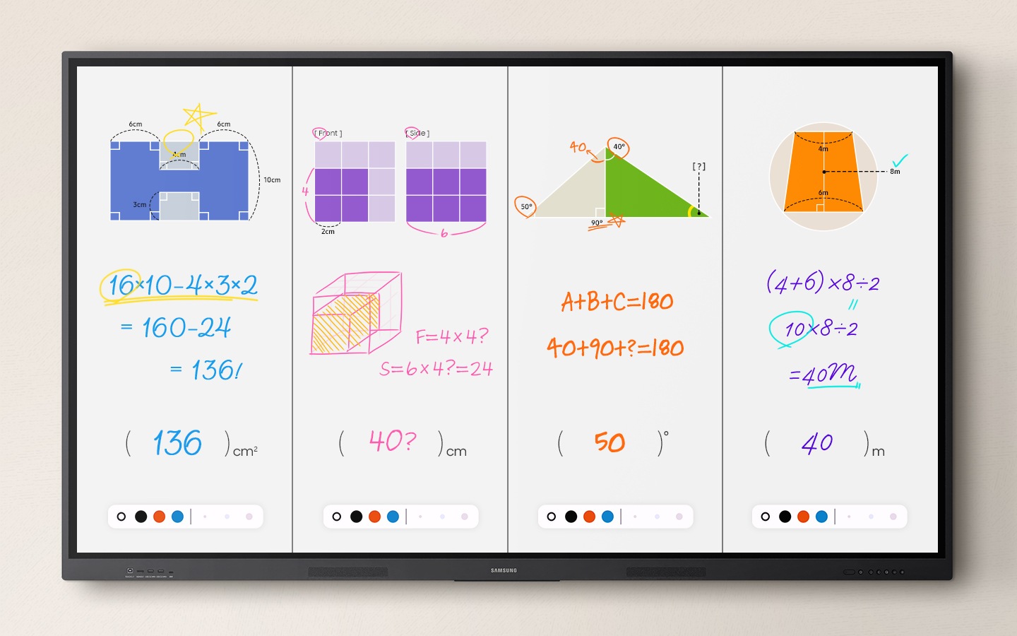 Una pantalla interactiva Samsung está dividida en cuatro zonas independientes, cada una mostrando diferentes problemas de geometría con anotaciones claras.