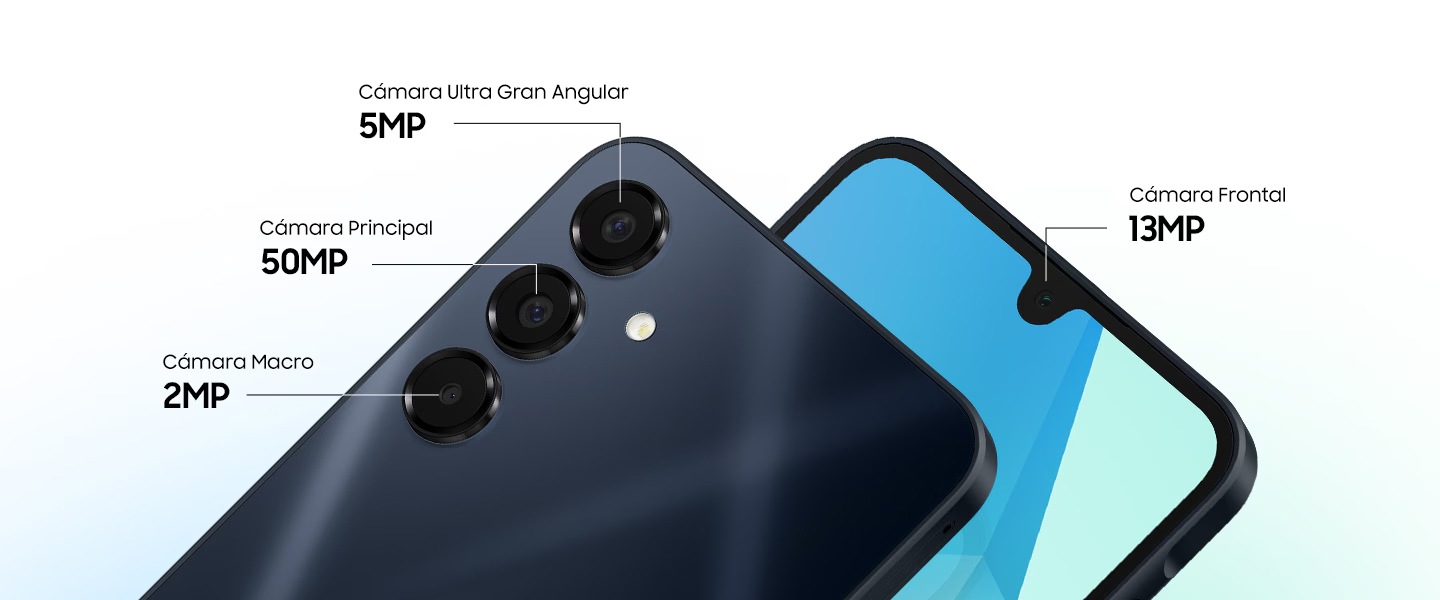 Dos dispositivos Galaxy A16 5G. El de atrás muestra la cámara ultraancha de 5 MP, la cámara principal de 50 MP y la cámara macro de 2 MP. El de frente muestra la cámara frontal de 13 MP.