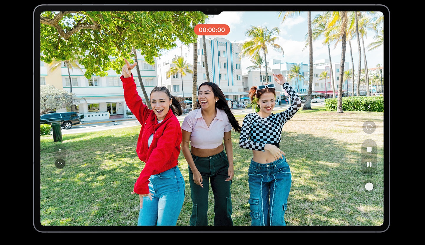 Tablet screen shows a video recording of three women posing happily. There is hardly any reflection or glare onscreen thanks to anti-reflection coating.