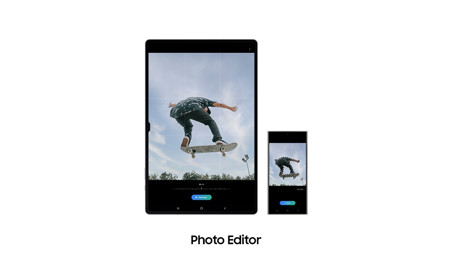 Front view of Galaxy Tab S10 Series device in portrait mode with the Photo Editor app open, displaying a photo of a man skateboarding. The same photo is shown on a Galaxy phone device standing next to the tablet. Text reads Photo editor.