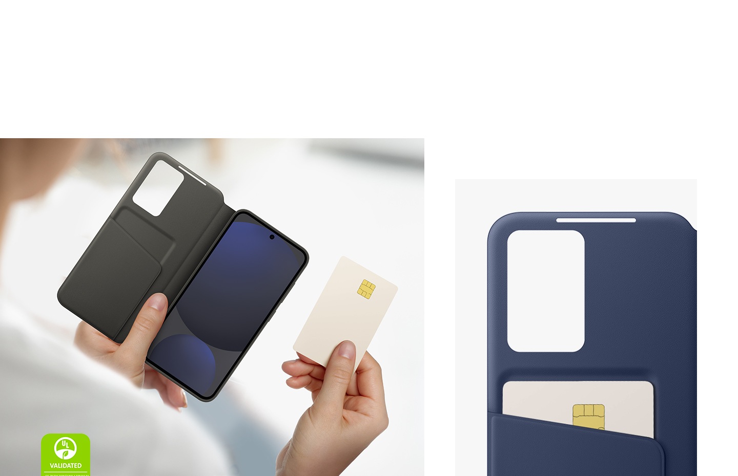 Una persona sostiene una tarjeta para introducirla en la funda de un estuche negro. Un estuche azul abierto muestra una tarjeta guardada en su interior. El texto dice UL VALIDATED WALLET CASE (EF-ZS721) CONTAINS A MINIMUM OF 28% RECYCLED CONTENT, CONSISTING OF 41% RECYCLED CONTENT IN THE PLASTIC OF EF-ZS721. UL.COM/ECV