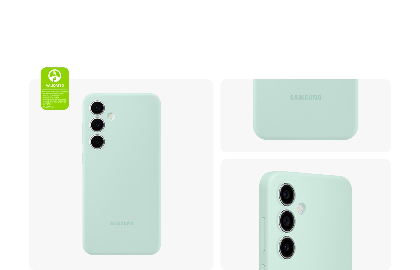 Se muestra el reverso de una funda de silicona de menta con zoom detallado de los bordes junto a ella. El texto dice: UL VALIDATED SILICONE CASE (EF-PS721) CONTAINS A MINIMUM OF 34% POST-CONSUMER RECYCLED CONTENT, CONSISTING OF 50% POST-CONSUMER RECYCLED CONTENT IN THE PLASTIC OF EF-PS721. UL.COM/ECV