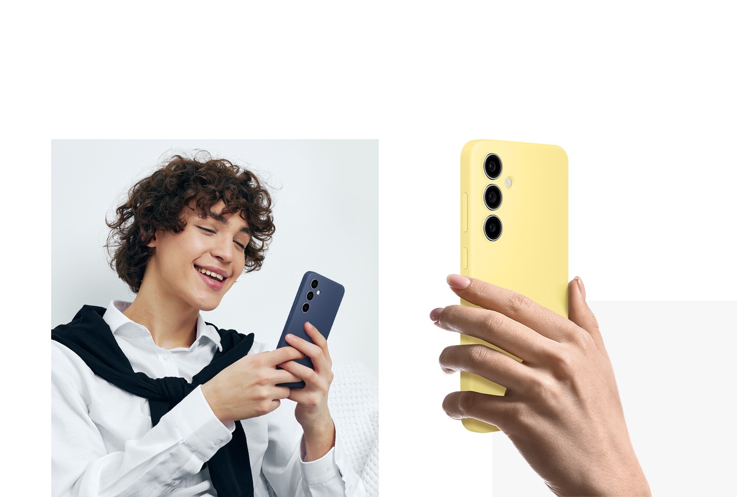 Un joven sostiene un Galaxy S24 en una funda de silicona negra azul mientras disfruta viendo algo en su pantalla. Una mano sostiene un Galaxy S24 en una funda de silicona amarilla, mostrando su suave agarre.