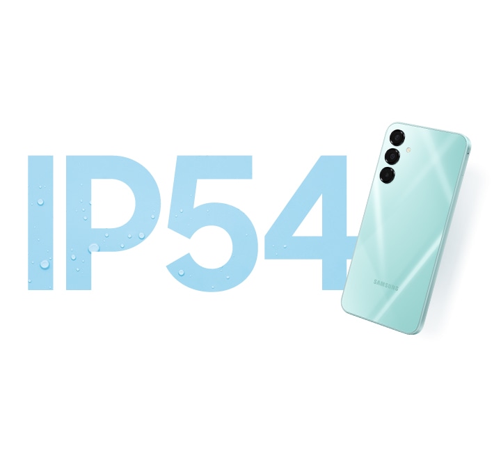 Se muestra un texto grande que dice “IP54” con gotas de agua dentro de las letras. Hay una vista trasera de un dispositivo Galaxy A16 5G en color Light Green situado a la derecha.