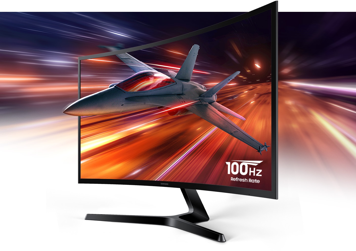 A jet flies on the monitor screen, and 100Hz refresh rate is also displayed on it.