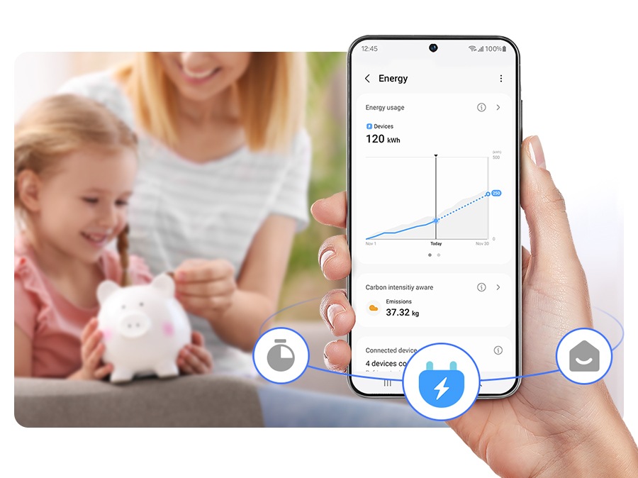 Controla tu consumo energético cuando quieras. SmartThings Energy te da tips para ser más eficiente. Además, monitorea en vivo el consumo de tus electrodomésticos conectados a SmartThings* y lo compara con el mes pasado. ¡Hasta te avisa si vas a pasarte de tu meta mensual!
