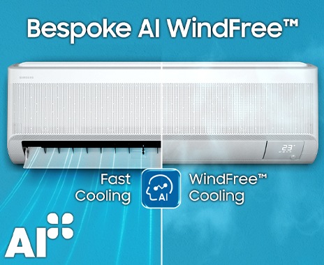 Debajo de la frase "Bespoke AI WindFree", se muestra una unidad interior, con la marca de AI en el centro dividiéndola en dos modos: "Fast Cooling" y "WindFree". La "Marca de certificación AI+" se encuentra en la parte inferior izquierda.