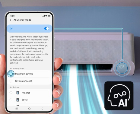 La pantalla "AI Energy Mode" aparece en un teléfono inteligente, conectado a la unidad interior mediante una línea, con la marca AI en la parte inferior.