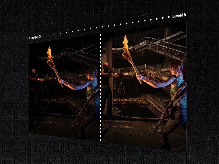 The same scene of a woman holding a torch in an underground crypt is shown side by side. The left scene is labeled 'Level 0' and is darker than the right scene, labeled 'Level 5'.