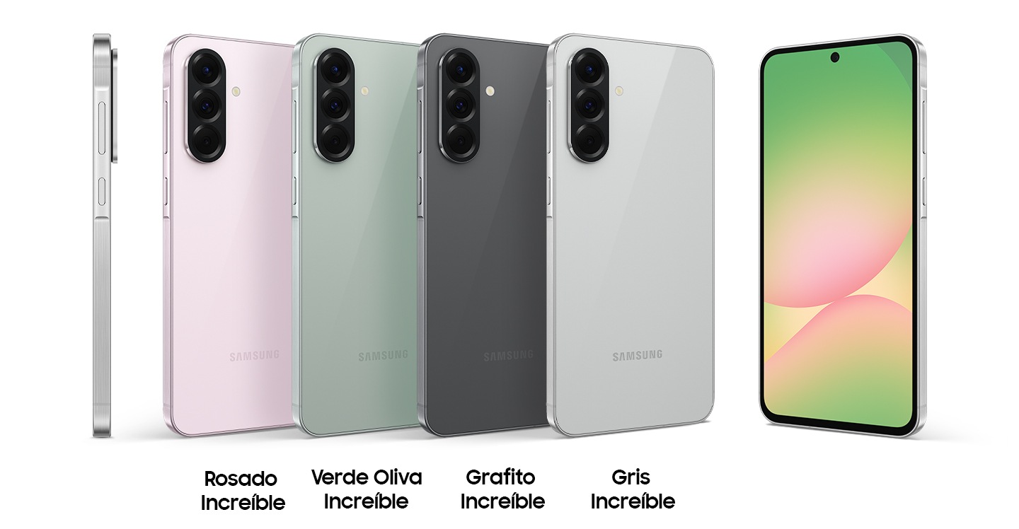 Six Galaxy A56 5G devices. The one in the far left is in side view to indicate the slim thickness of Galaxy A56 5G. The next four devices are in the same tilted rear view with each matching color name Awesome Pink, Awesome Olive, Awesome Graphite, Awesome Lightgray underneath. On the very right is a Galaxy A56 5G in a slightly tilted front view with an abstract graphic onscreen.
