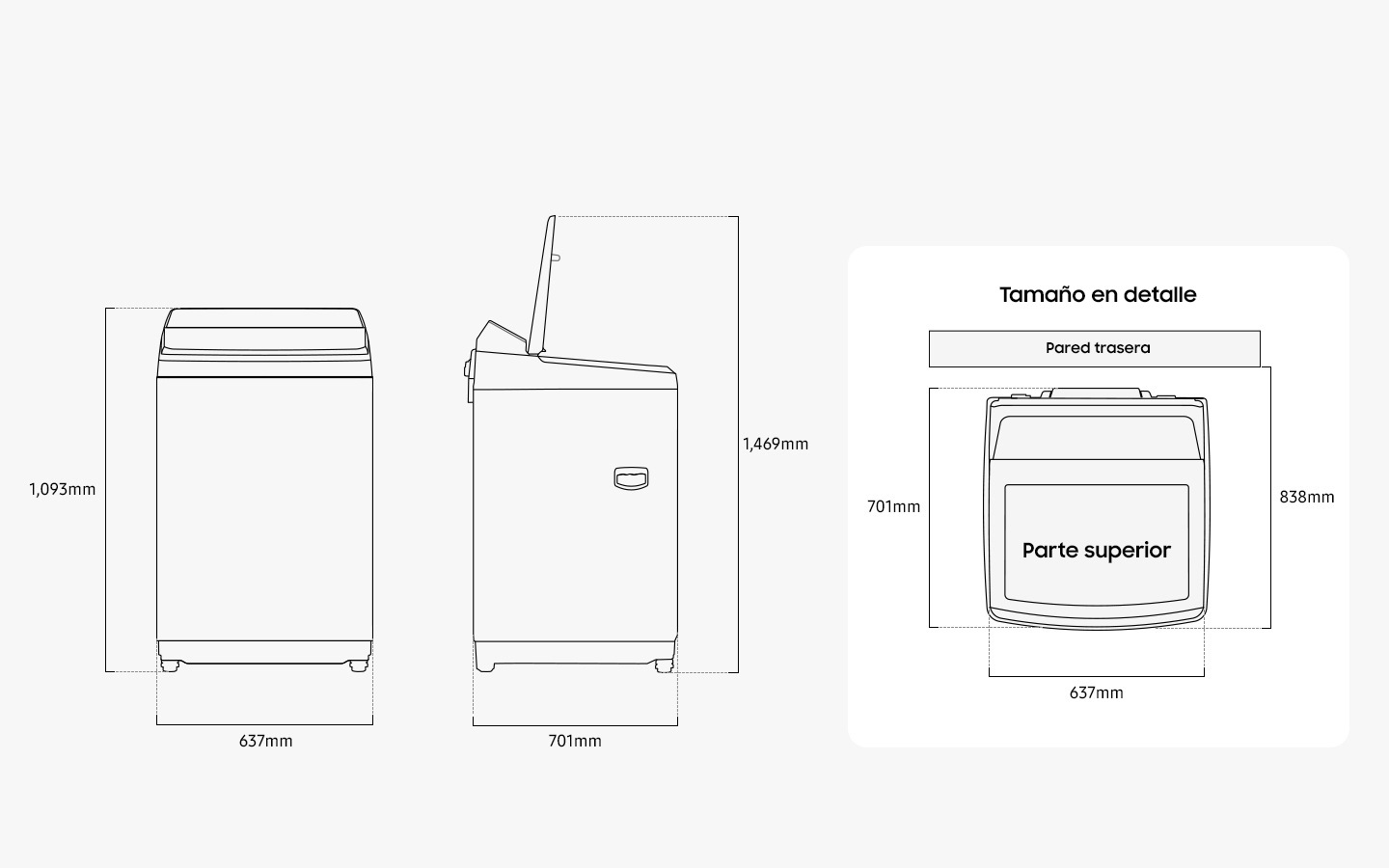 Illustration shows the Washer’s dimensions from the front, side, and top. Detail size is measured 637mm in width, 1,068mm in height, and 701mm in depth. When the door in the top is opened, it measures 1,444mm in total height. The washer must be installed depth front from to rear wall 838mm.