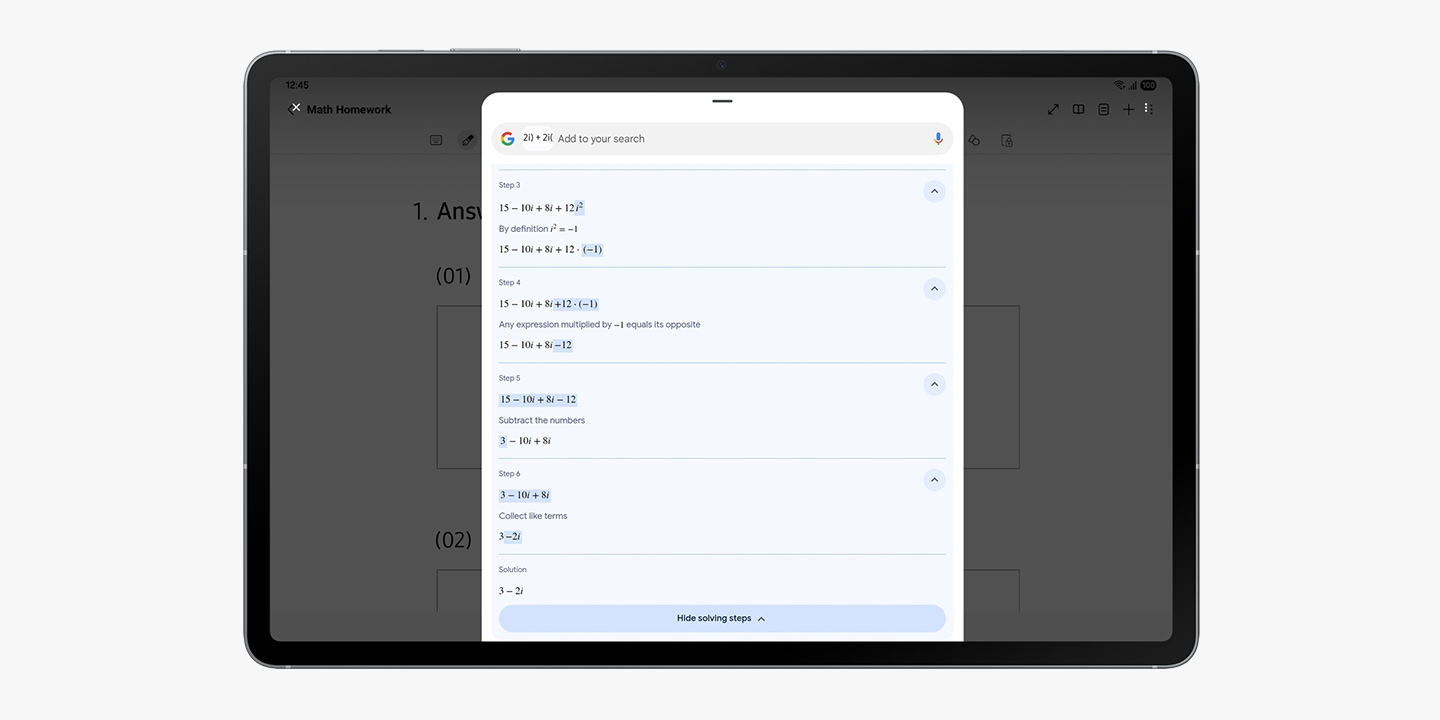 La pantalla del Galaxy Tab S10 FE+ muestra una ecuación matemática resaltada con Circle to Search UI. Debajo aparece una ventana emergente de Círculo para buscar con detalles sobre la ecuación matemática.