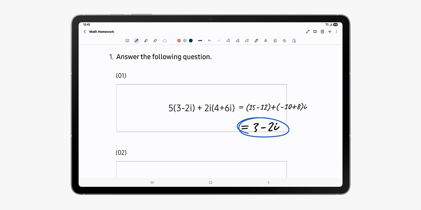 La pantalla del Galaxy Tab S10 FE+ muestra una ecuación matemática resaltada con Circle to Search UI. Debajo aparece una ventana emergente de Círculo para buscar con detalles sobre la ecuación matemática.