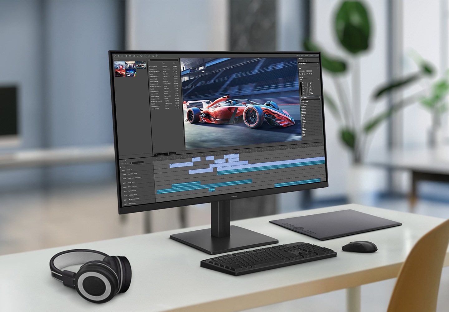 Headset, keyboard, mouse, tablet, and monitor are placed on a white table, and editing racing car video on the monitor screen.