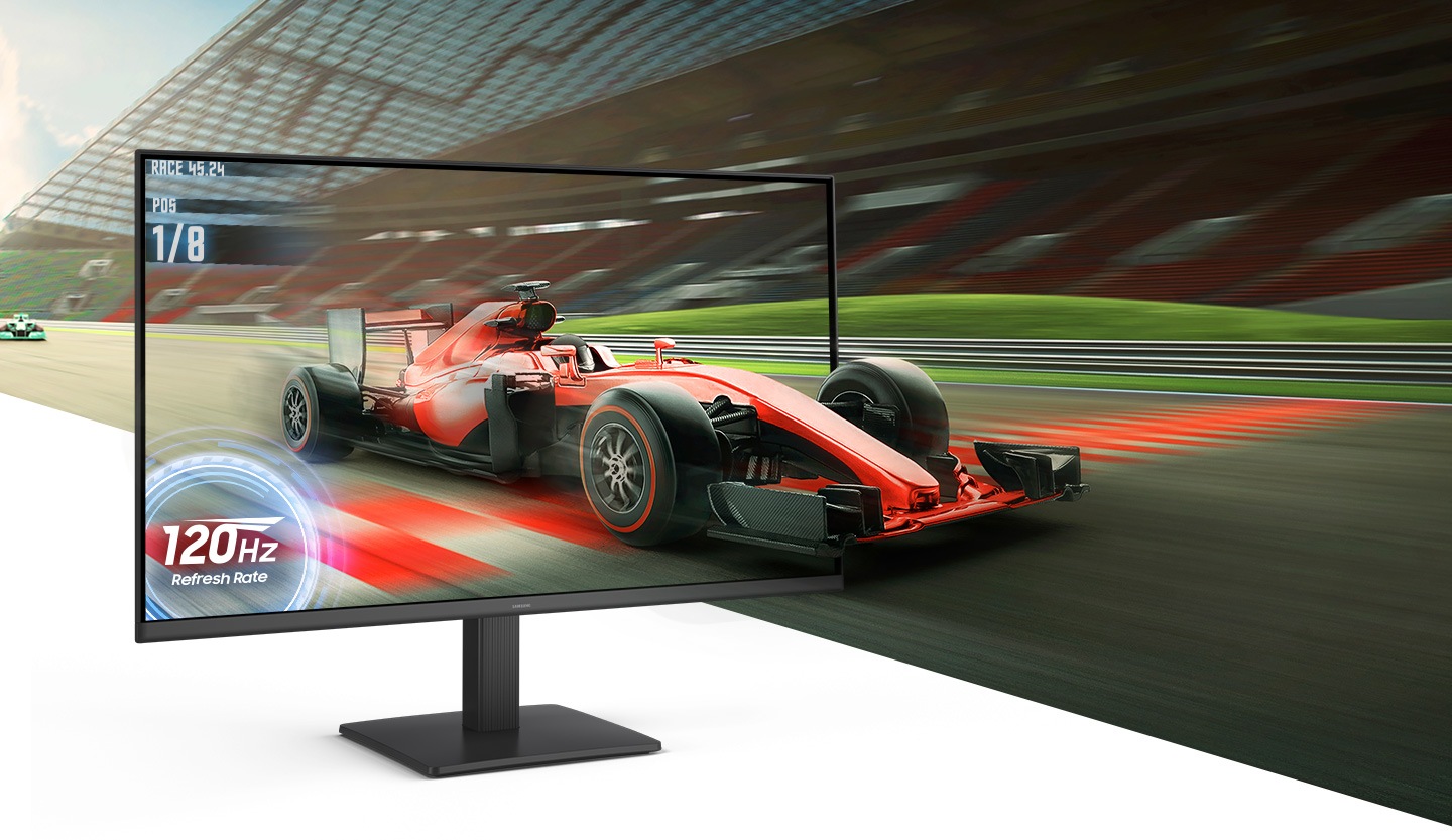 Against the backdrop of a racing game in a stadium, a red racing car pops out of a monitor that says 120Hz Refresh rate.