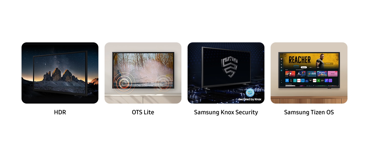 HDR, OTS Lite, Samsung Tizen OS and Samsung Knox with a Secured by Knox logo are shown as the key features for this TV. HDR makes a nighttime scene of mountains look clear and vivid, OTS Lite plays sound waves on screen, Samsung Tizen OS displays entertainment and streaming options and Samsung Knox displays the Samsung Knox logo on a black screen.
