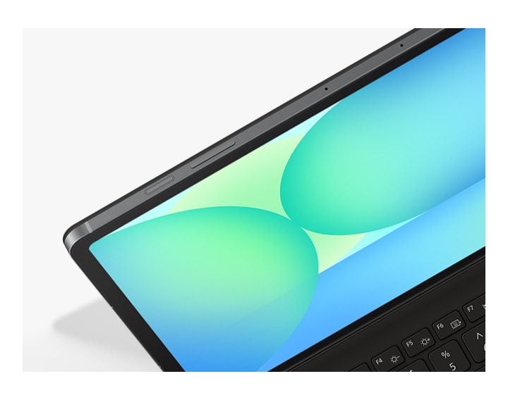 Vista frontal del teclado con las teclas de función resaltadas. Una tecla y el trackpad también están resaltados para destacar su gran tamaño.