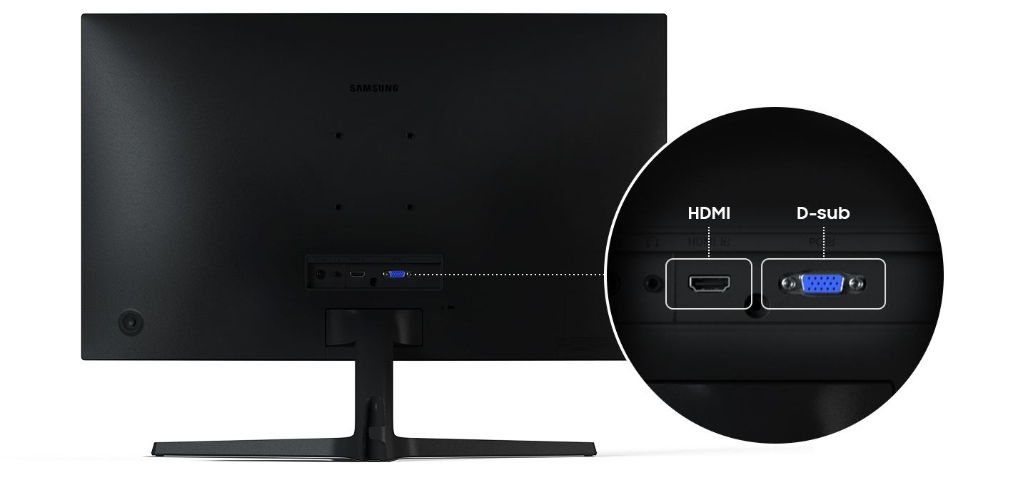 Se muestra la parte trasera del monitor y se cierran sus puertos. Tiene un puerto HDMI y otro D-sub.