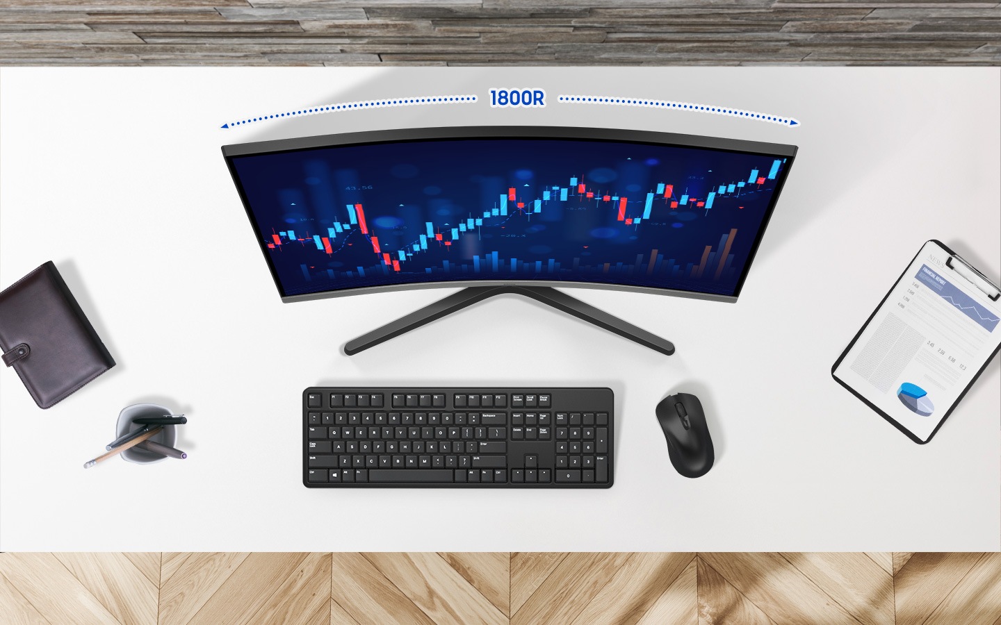 Se muestra la parte superior del monitor, que destaca su curvatura, 1800R.