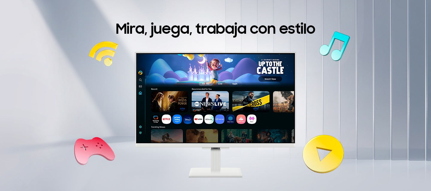 Mira, juega y trabaja con estilo. Monitor inteligente Samsung M5 con Wi-Fi, consola de juegos, música e iconos de reproducción. La pantalla muestra varias aplicaciones, contenido y una vista previa de «UP TO THE CASTLE».