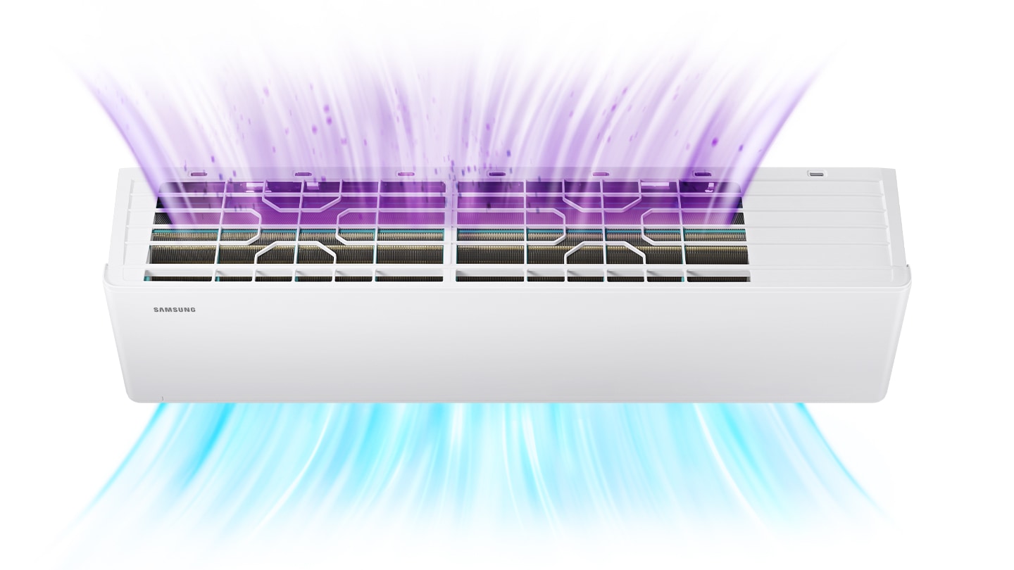 Muestra un acondicionador de aire que aspira aire contaminado y expulsa aire más puro.