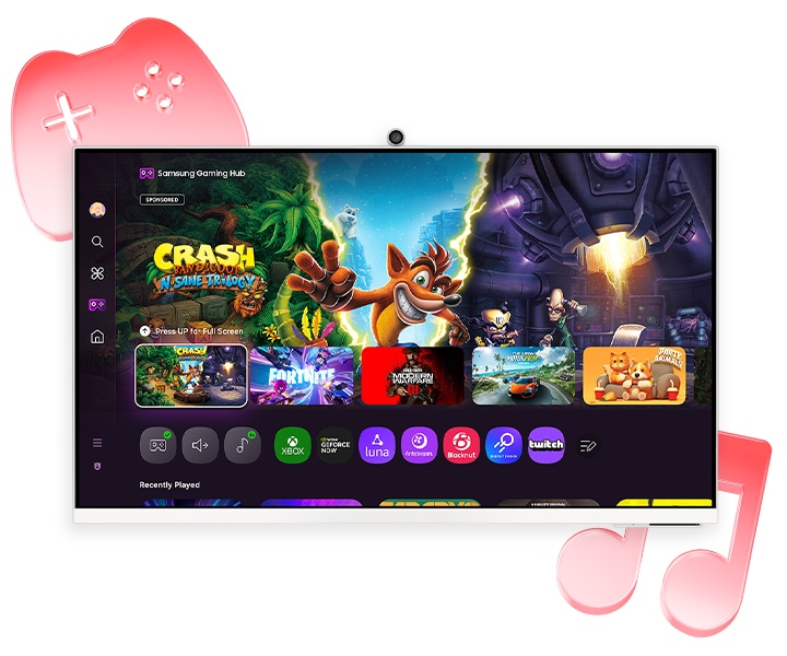 A gaming hub is displayed on the monitor screen.