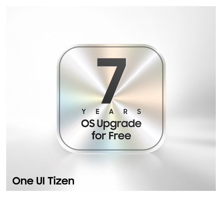 A metallic badge displaying ‘7 Years OS Upgrade for Free’. One UI Tizen.