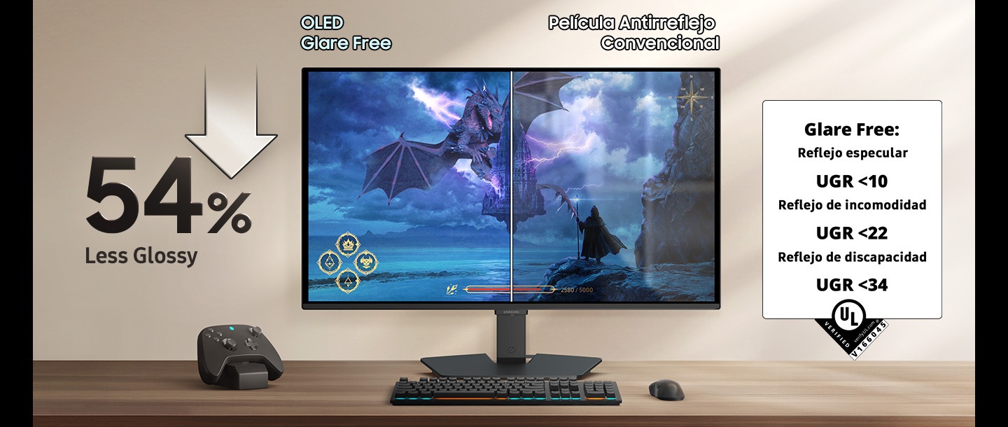 Un monitor con una configuración para juegos. La película OLED Glare Free hace que la pantalla sea un 54 % menos brillante que la película antirreflectante convencional. Sin reflejos: reflejos molestos UGR <10, reflejos incómodos UGR <22, reflejos incapacitantes UGR <34.